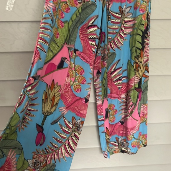 Exotic tropical design fabric wide leg, summer pants size S - Picture 2 of 8